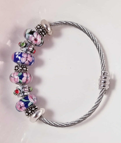 Silver Bangle Blue Glass Murano Flower Charms Big Hole Beads Fit Pandora OSFM