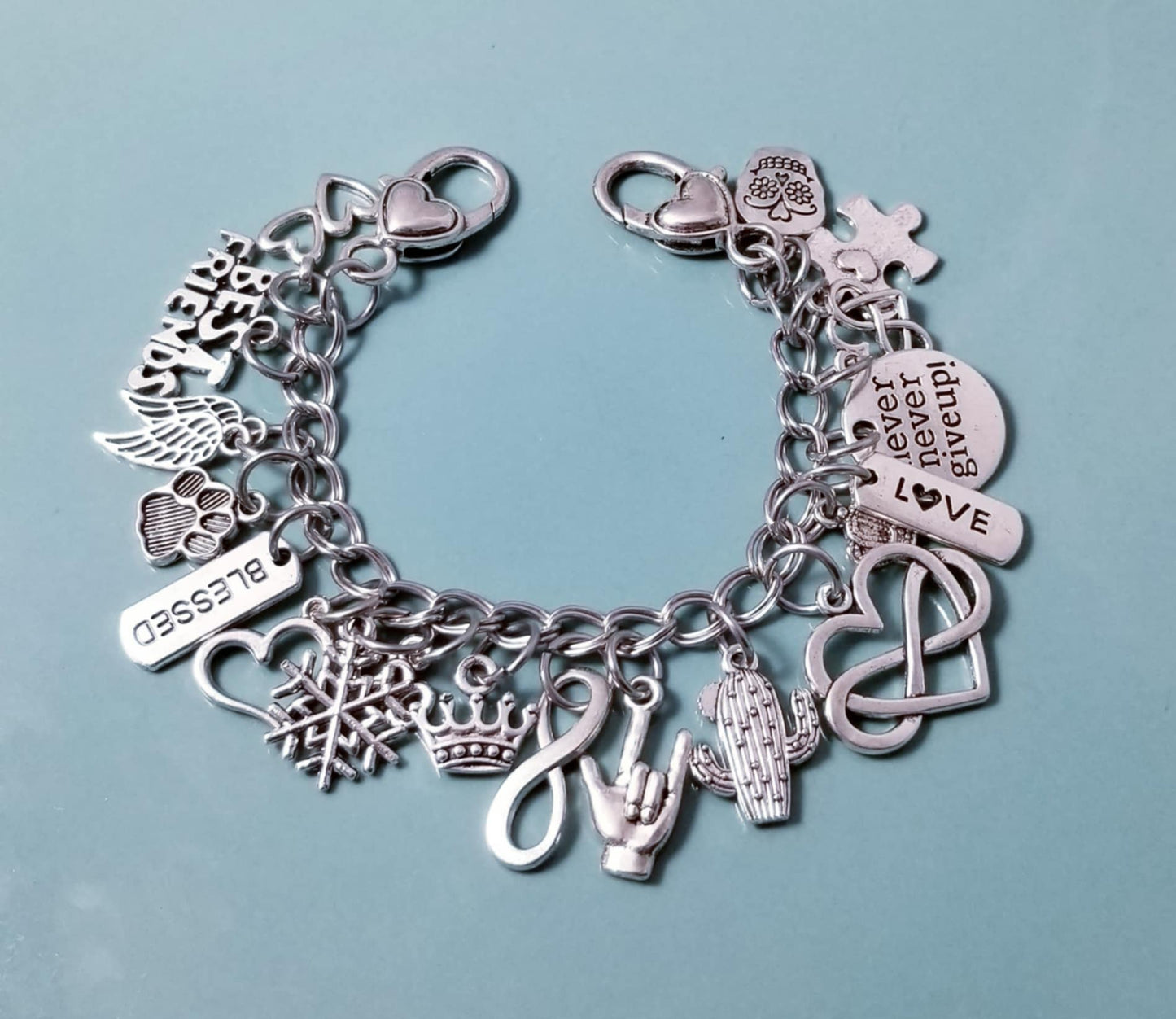 7 1/4 Inch Chunky Charm Bracelet with Double Heart Clasp – Inspirational Loaded Charm Collection