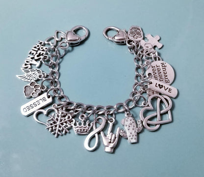 7 1/4 Inch Chunky Charm Bracelet with Double Heart Clasp – Inspirational Loaded Charm Collection