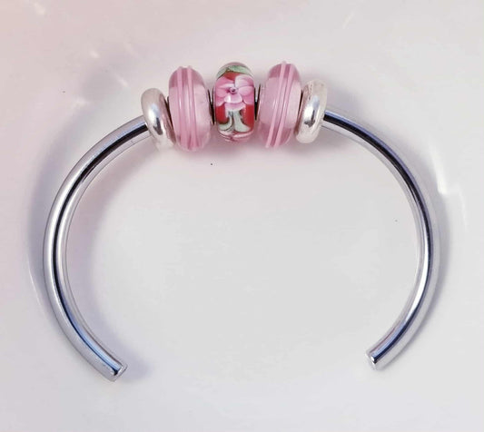 Silver Bangle /Pink & Red Glass Murano /Big Hole Beads /Beaded / Fit Pandora /8 Inch