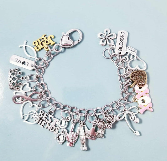 Blessed & Beautiful 7" Chunky Charm Bracelet - Stainless Steel Double Link with Heart Clasp -Flower