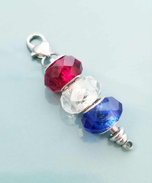 USA Patriotic Charm with Heart Lobster Clasp - Red White Blue Faceted Glass
