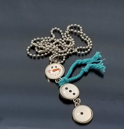 Snowman Charm Necklace with Heart Toggle - Glass Cabochon Winter Jewelry