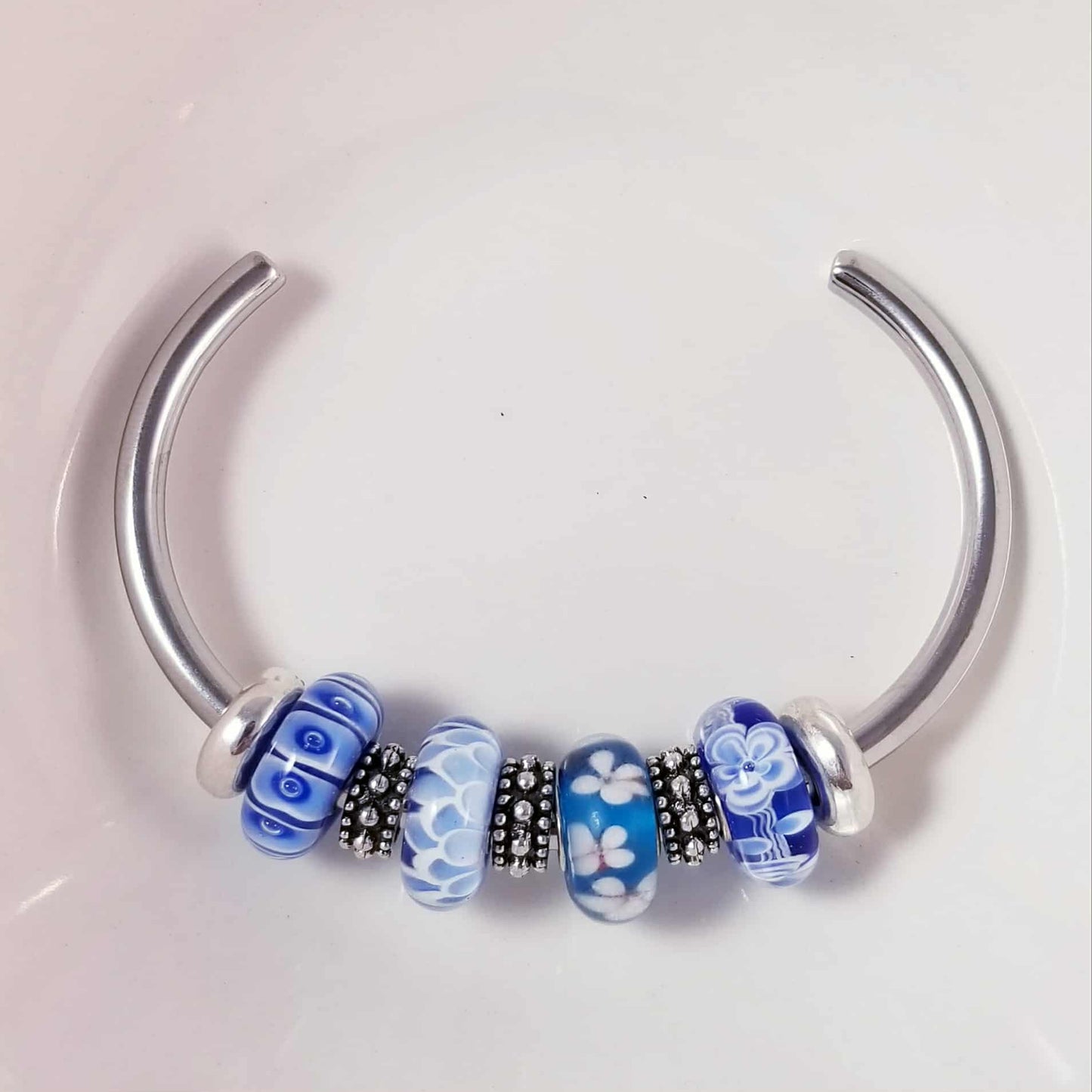 Silver Bangle /Blue Glass Murano /Big Hole Beads /Beaded / Fit Pandora /8 Inch