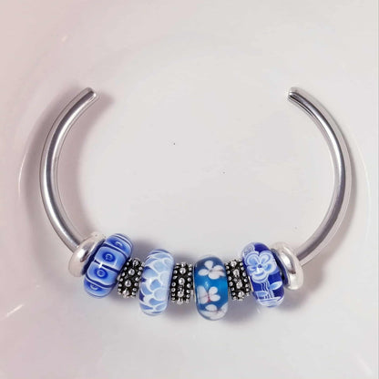 Silver Bangle /Blue Glass Murano /Big Hole Beads /Beaded / Fit Pandora /8 Inch