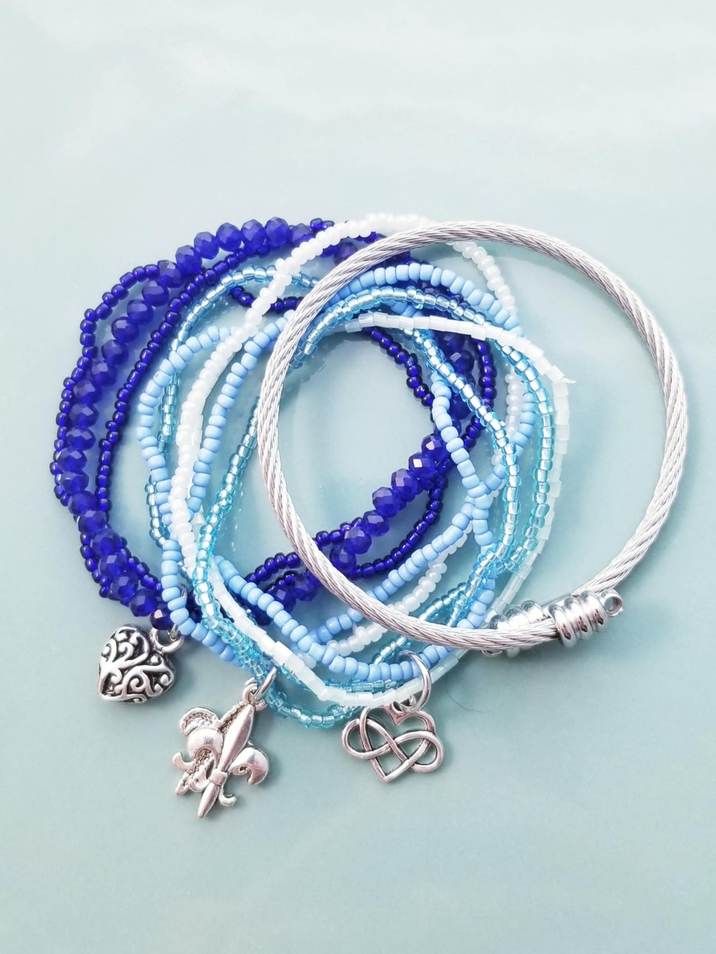 Blue Stretch Bracelets Set - Hearts & Fleur de Lis with Removeable End Bangle