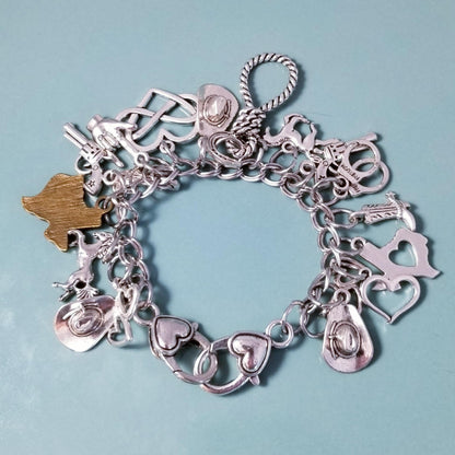7 Inch Chunky Charm Bracelet -Silver Charm Bracelet -Cowgirl -Cowboy Ranching Charms -Double Heart Lobster Clasps