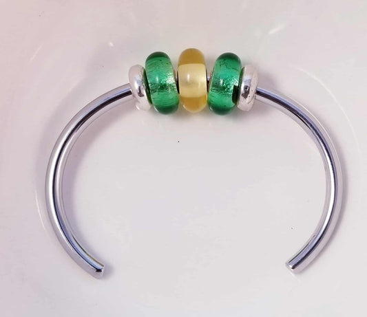 Silver Bangle /Green and Yellow Glass Murano /Big Hole Beads /Beaded / Fit Pandora /8 Inch