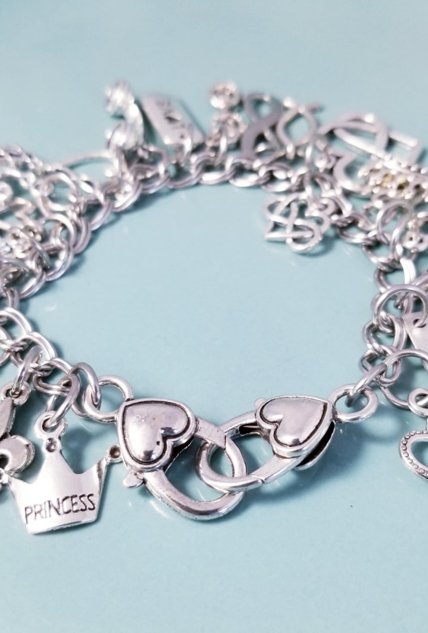 Princess Charm Stainless Steel Bracelet with Heart Lobster Clasp - 8 Inch
