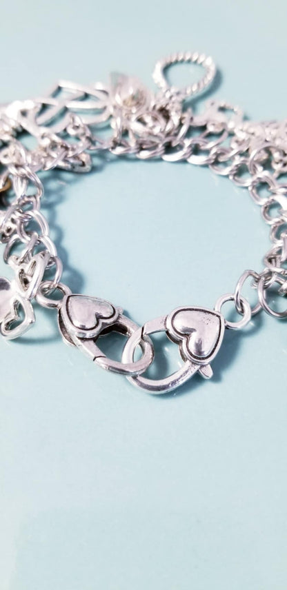 7 Inch Chunky Charm Bracelet -Silver Charm Bracelet -Cowgirl -Cowboy Ranching Charms -Double Heart Lobster Clasps