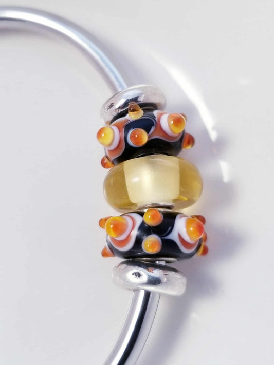 Silver Bangle /Black Orange and Yellow Glass Murano /Big Hole Beads /Beaded / Fit Pandora /8 Inch