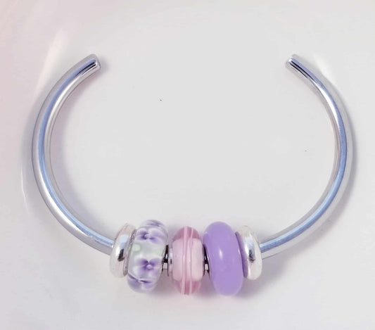 Silver Bangle /Purple Pink Glass Murano /Big Hole Beads /Beaded / Fit Pandora /8 Inch