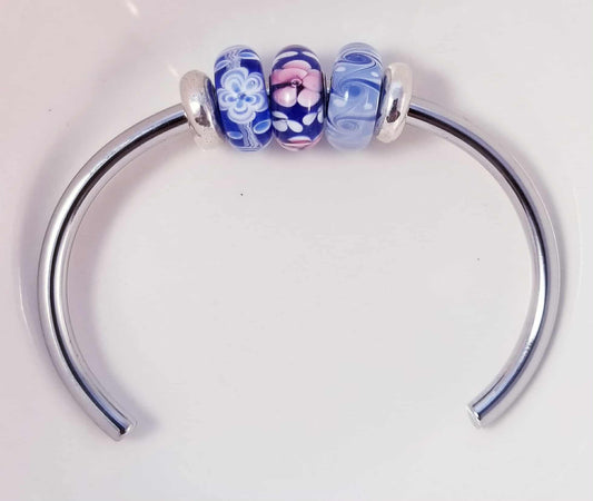 Silver Bangle /Blue Glass Murano /Big Hole Beads /Beaded / Fit Pandora /8 Inch