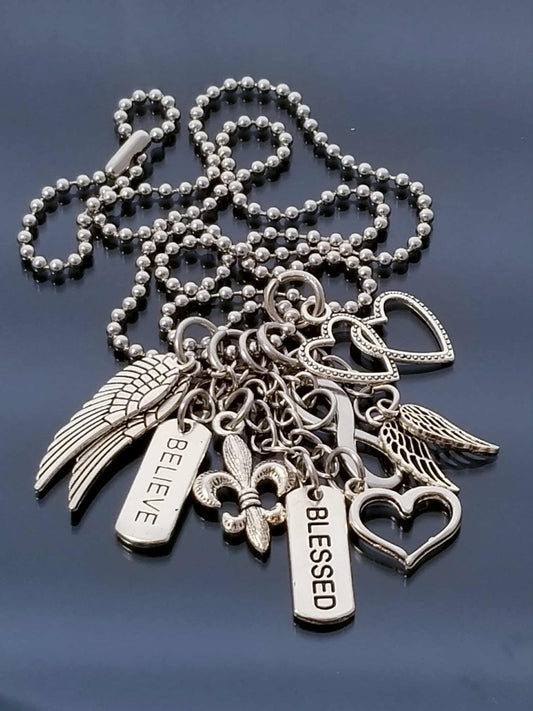 Chunky Charm Necklace - 23.6 Ball Chain - Blessed Believe Heart Charms