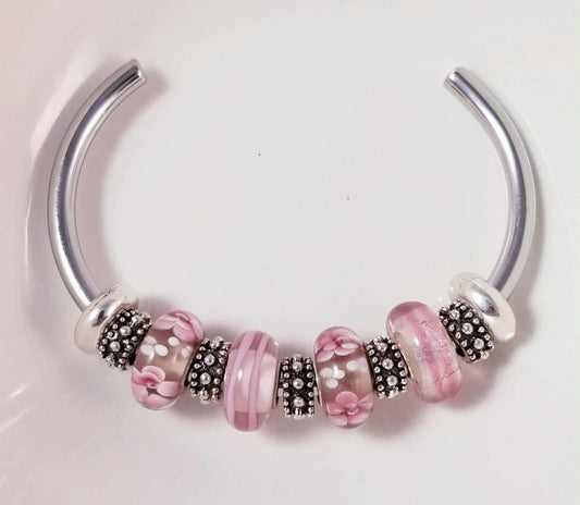 Silver Bangle /Pink Glass Murano /Big Hole Beads /Beaded / Fit Pandora /8 Inch