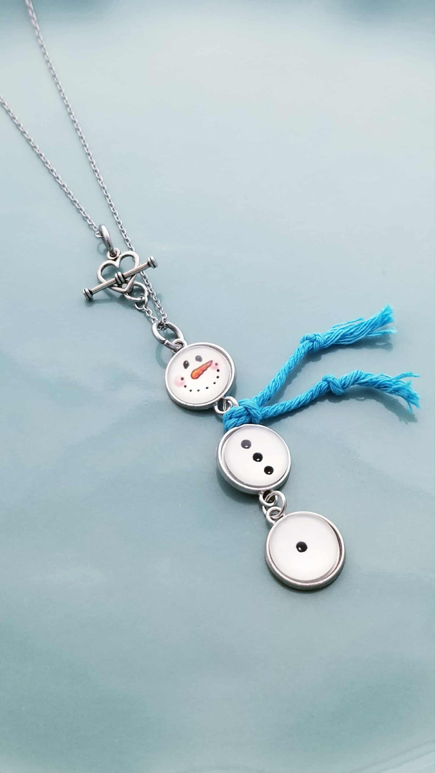 Snowman Charm Necklace with Heart Toggle - Glass Cabochon Winter Jewelry
