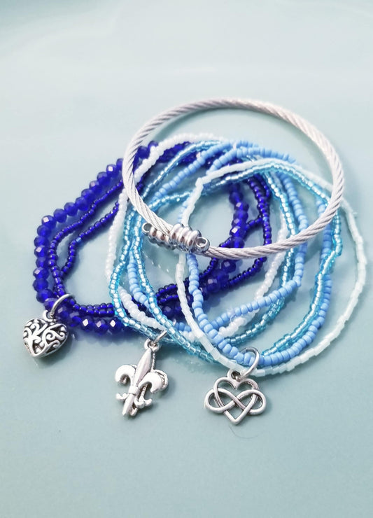 Blue Stretch Bracelets Set - Hearts & Fleur de Lis with Removeable End Bangle
