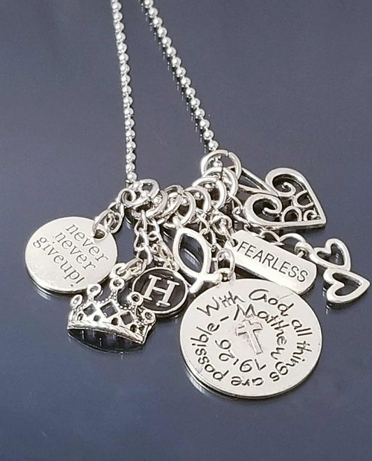 Chunky Charm Necklace/ Fearless/ Never Give Up /With God All Things are Possible