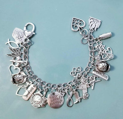 Chunky Charm Bracelet/Chunky Silver Bracelet /Heart Lobster Clasp /Loaded Lots of Charms /Fun Dangle Charms Fire Dept, Fireman 8 In
