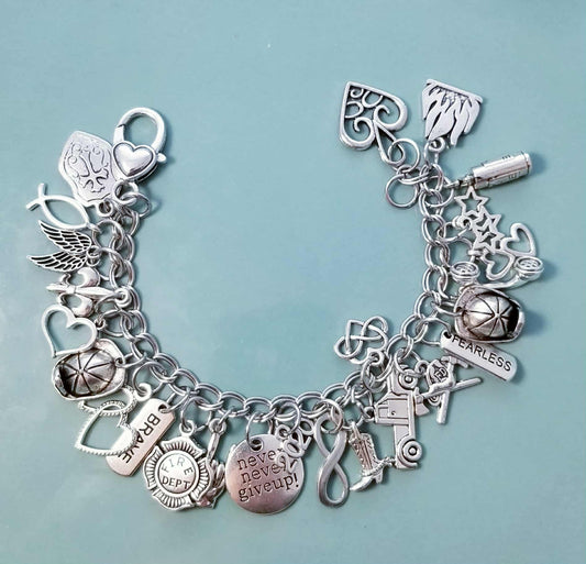 Chunky Charm Bracelet/Chunky Silver Bracelet /Heart Lobster Clasp /Loaded Lots of Charms /Fun Dangle Charms Fire Dept, Fireman 8 In