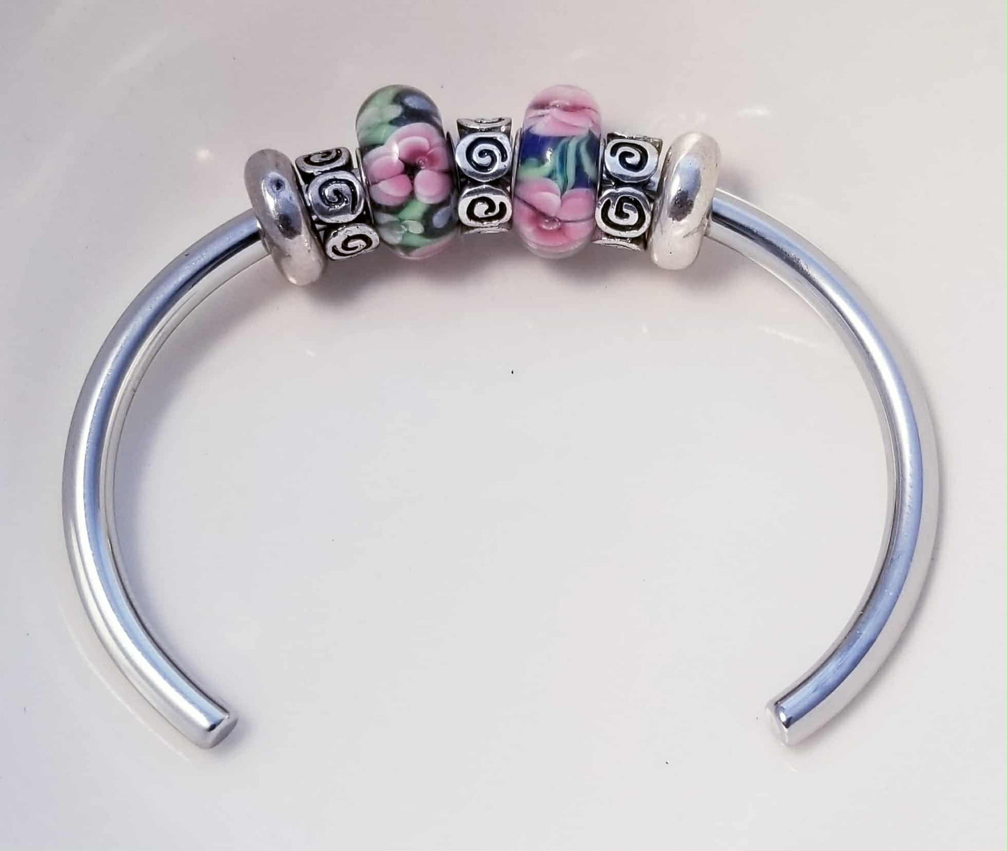 Silver Bangle /Blue Pink Glass Murano Charms /Rubber Stopper Big Hole Beads/8 In