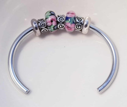 Silver Bangle /Blue Pink Glass Murano Charms /Rubber Stopper Big Hole Beads/8 In