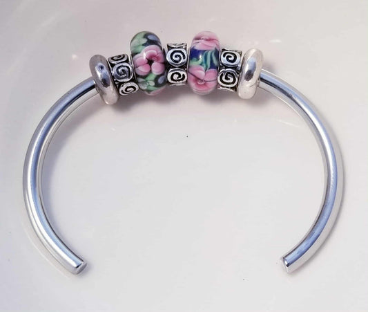 Silver Bangle /Blue Pink Glass Murano Charms /Rubber Stopper Big Hole Beads/8 In