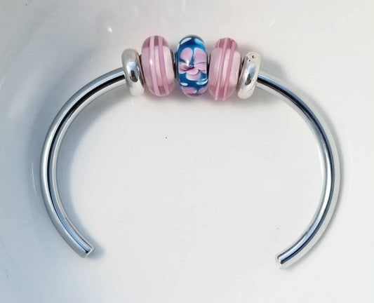 Silver Bangle /Pink & Blue Glass Murano /Big Hole Beads /Beaded / Fit Pandora /8 Inch