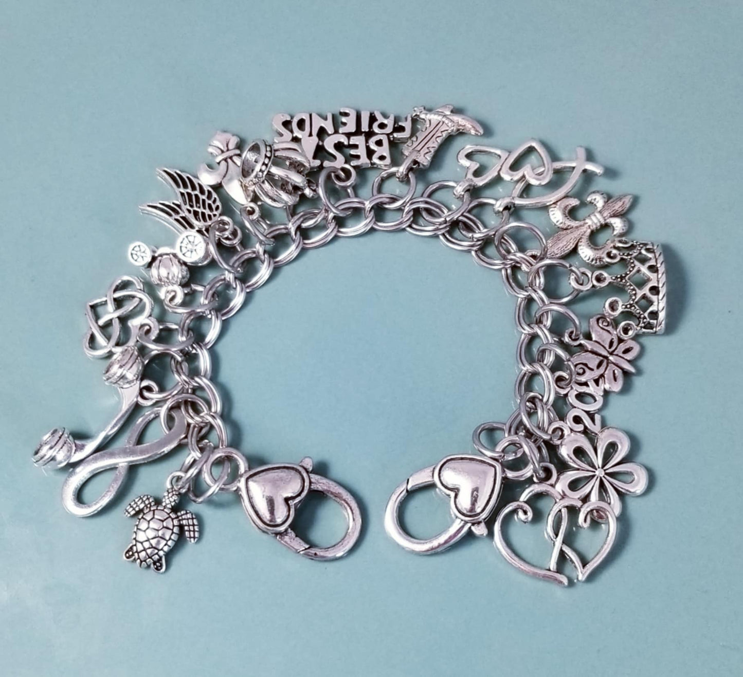 7 Inch Stainless Steel Charm Bracelet with Double Heart Clasp – Loaded with Silver Charms