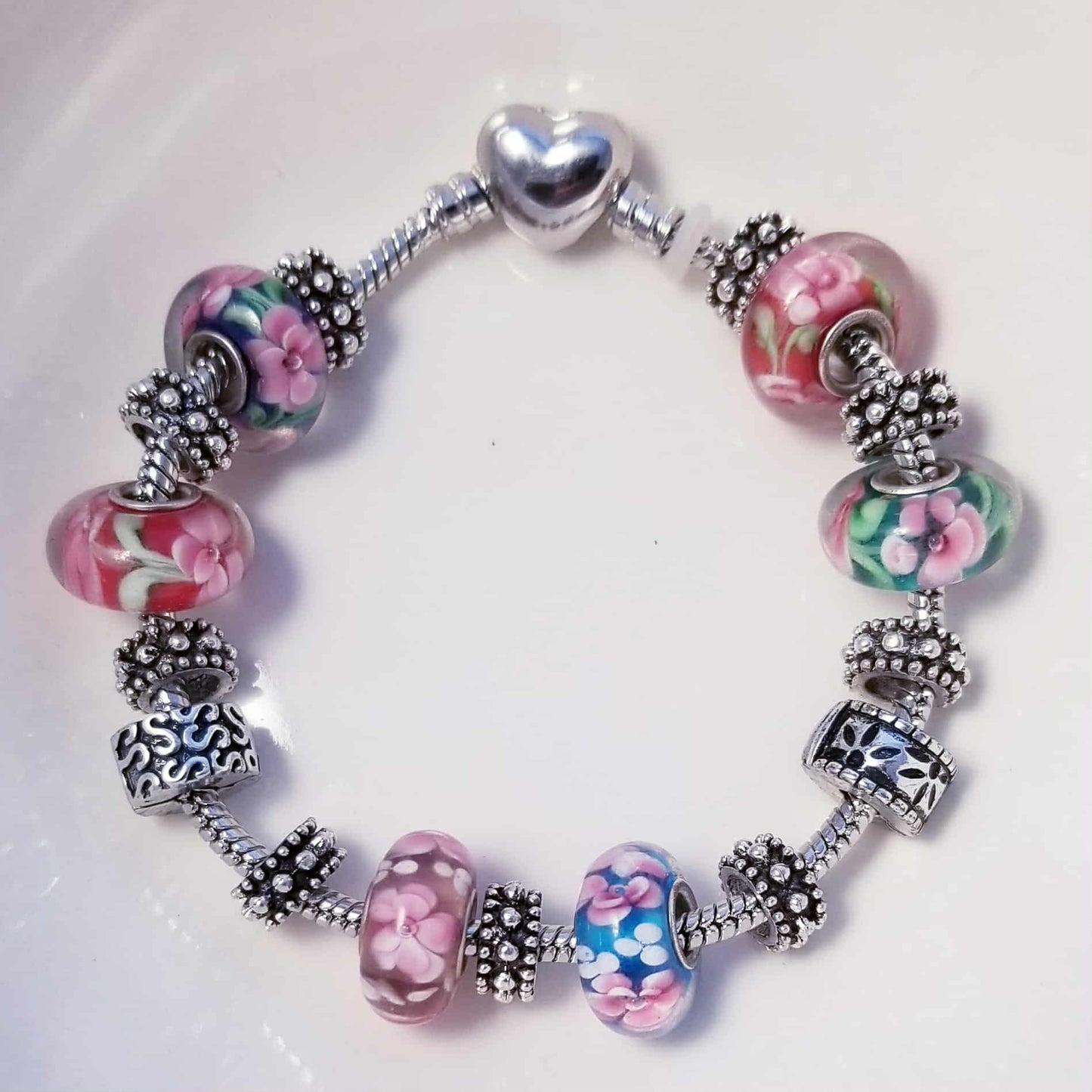 European Bracelet Heart Clasp /Flower Glass Murano Charms /Safety Lock Clips 7.5