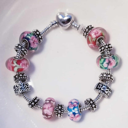 European Bracelet Heart Clasp /Flower Glass Murano Charms /Safety Lock Clips 7.5