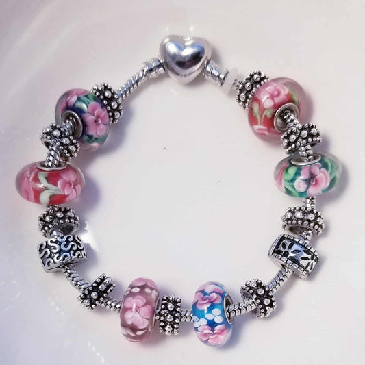 European Bracelet Heart Clasp /Flower Glass Murano Charms /Safety Lock Clips 7.5