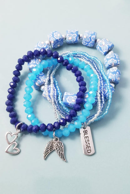 Heavenly Blessings Blue Stretch Bracelet Set - Angel Wings, Hearts & Blessed Charms (Set of 7)