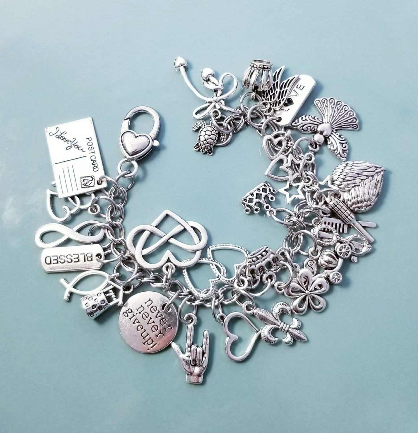 Chunky Loaded Charm Bracelet - 8 Inch Stainless Steel with Hearts, Flowers & Inspirational Charms