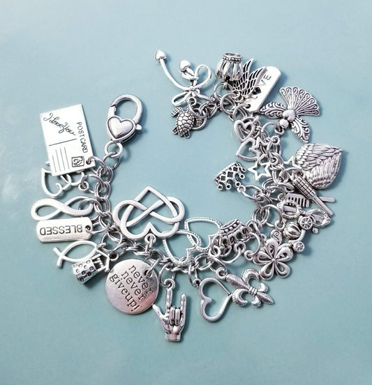 Chunky Loaded Charm Bracelet - 8 Inch Stainless Steel with Hearts, Flowers & Inspirational Charms