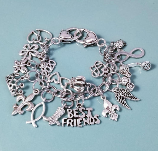 7 Inch Stainless Steel Charm Bracelet with Double Heart Clasp – Loaded with Silver Charms