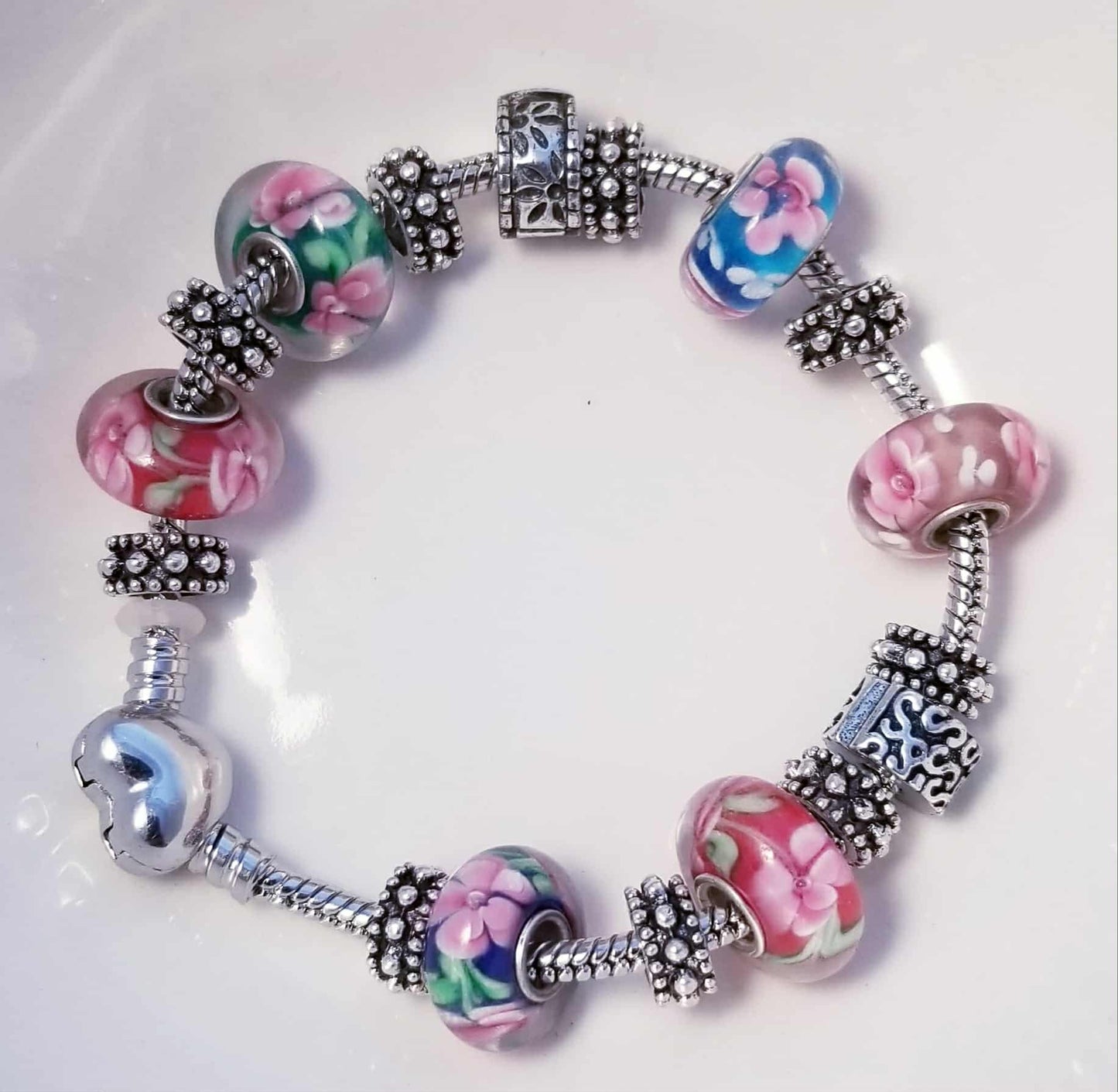 European Bracelet Heart Clasp /Flower Glass Murano Charms /Safety Lock Clips 7.5
