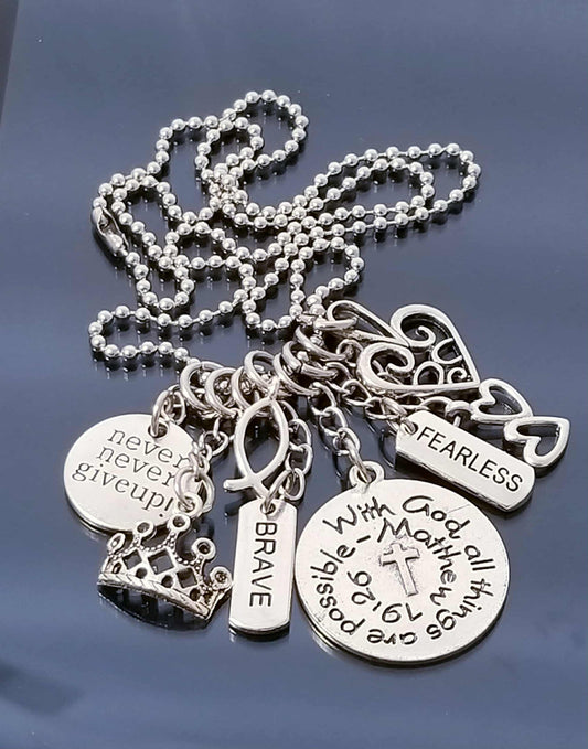 Chunky Charm Necklace /Brave -Fearless - With God All Things are Possible