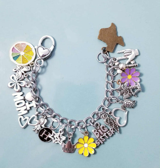 Chunky Charm Bracelet - Flowers & Hearts with Letter H 6.5 Inch