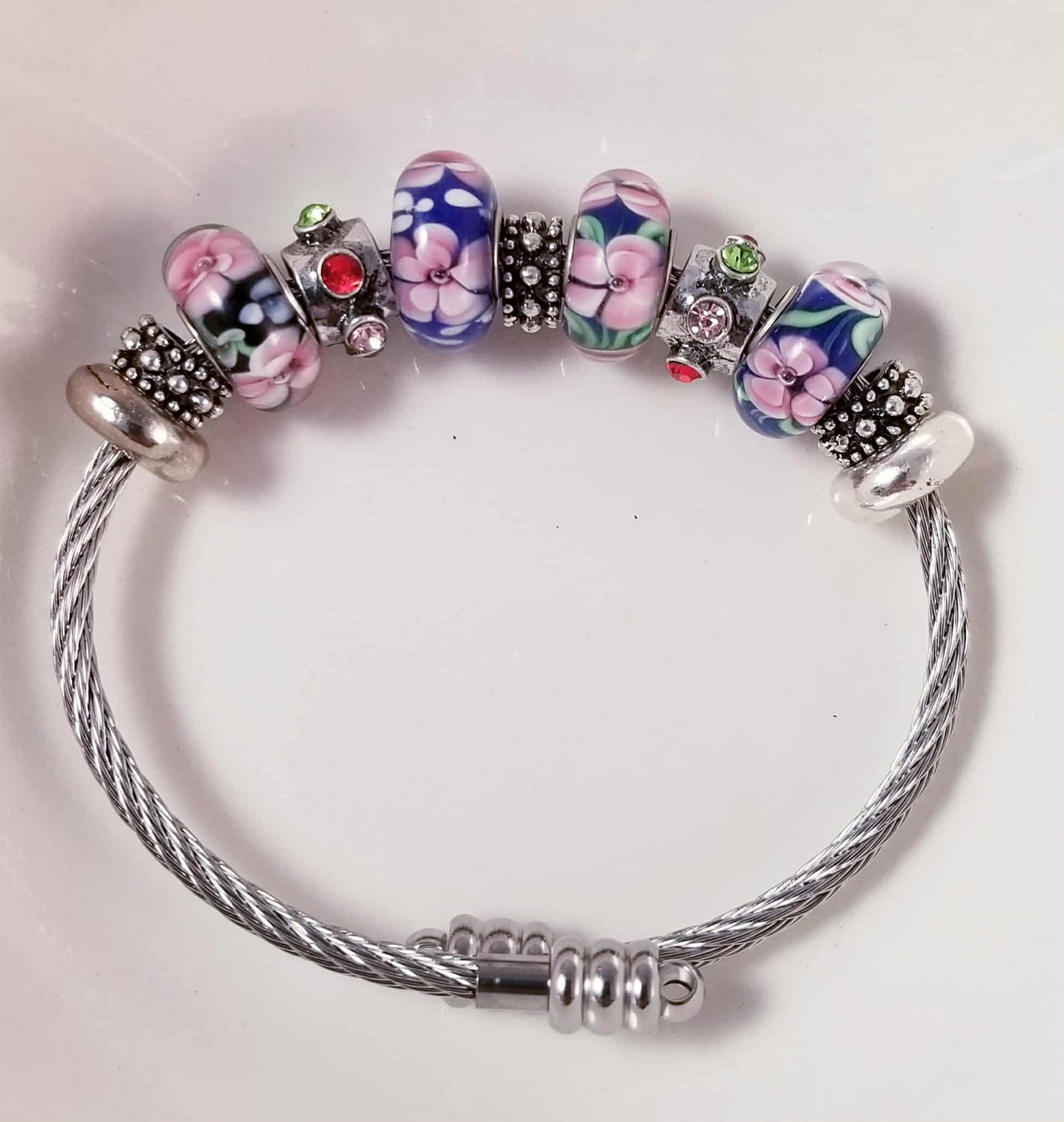 Silver Bangle Blue Glass Murano Flower Charms Big Hole Beads Fit Pandora OSFM