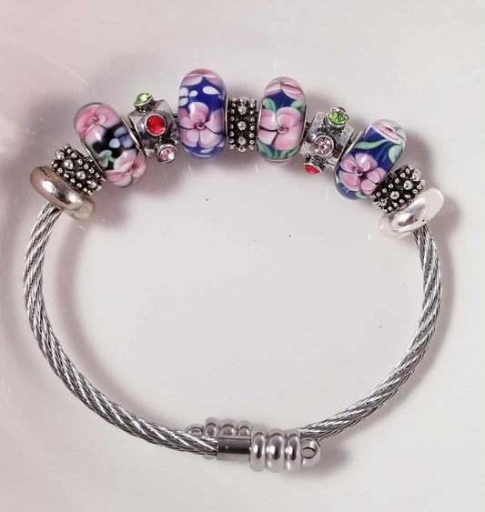 Silver Bangle Blue Glass Murano Flower Charms Big Hole Beads Fit Pandora OSFM
