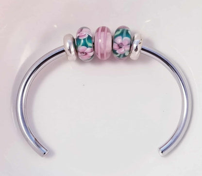 Silver Bangle /Blue Green Pink Glass Murano /Big Hole Beads /Beaded / Fit Pandora /8 Inch