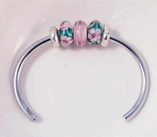 Silver Bangle /Blue Green Pink Glass Murano /Big Hole Beads /Beaded / Fit Pandora /8 Inch