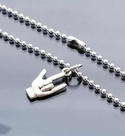 ASL Sign Language Necklace - I Love You Hand Sign Charm - 23.6" Silver Ball Chain - Deaf Culture Gift