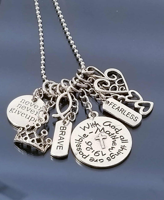 Chunky Charm Necklace /Brave -Fearless - With God All Things are Possible
