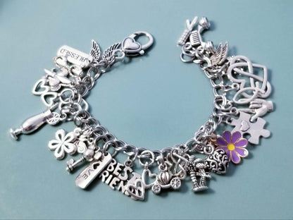 8 Inch Chunky Charm Bracelet -Loaded with Charms -Blessed -Best Friends -Hearts -Brush Comb