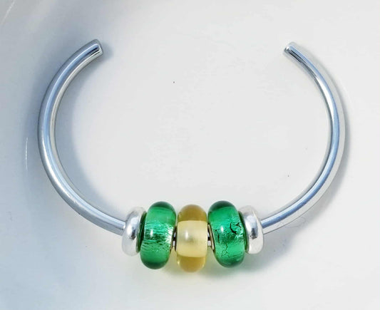 Silver Bangle /Green and Yellow Glass Murano /Big Hole Beads /Beaded / Fit Pandora /8 Inch