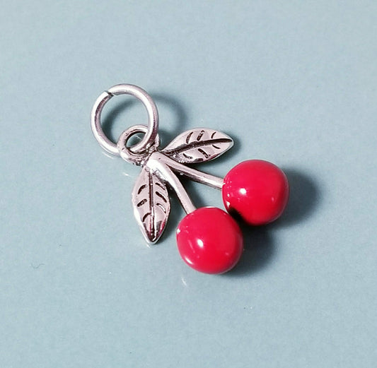 Red Cherry Charm - Sterling Silver 925 Clip-On