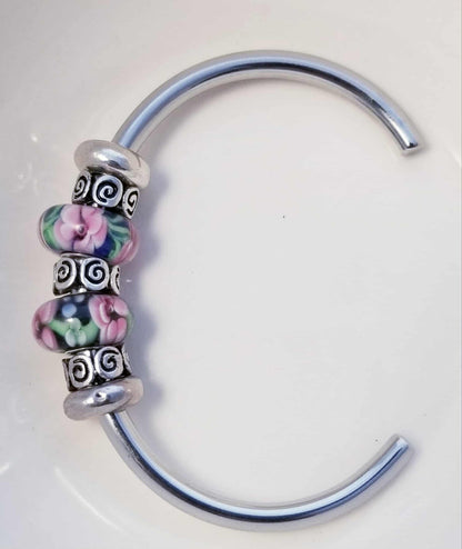 Silver Bangle /Blue Pink Glass Murano Charms /Rubber Stopper Big Hole Beads/8 In