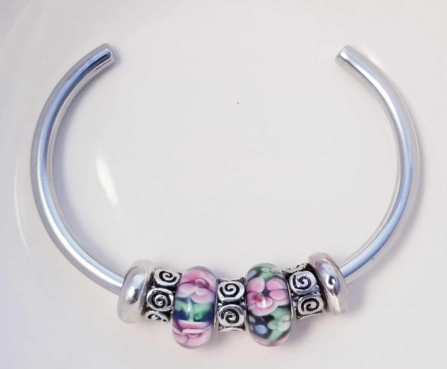 Silver Bangle /Blue Pink Glass Murano Charms /Rubber Stopper Big Hole Beads/8 In